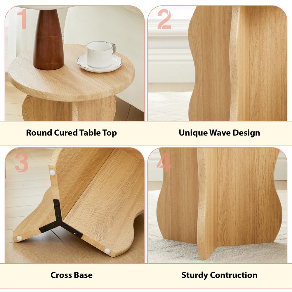 Wooden side table with round cured table top, unique wave design, cross base, and sturdy construction.