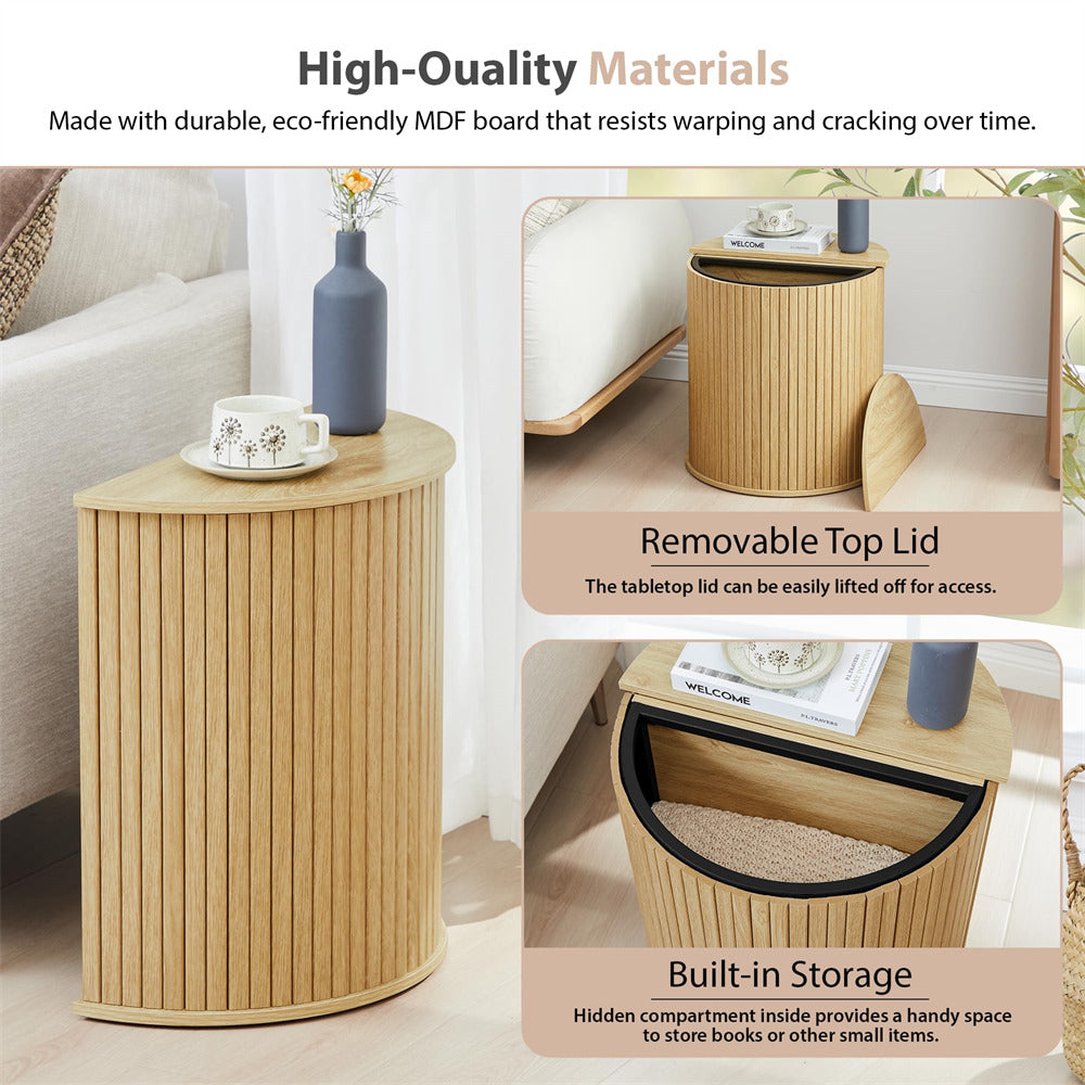 Wooden side table with removable top lid and built-in storage in a living room setting.