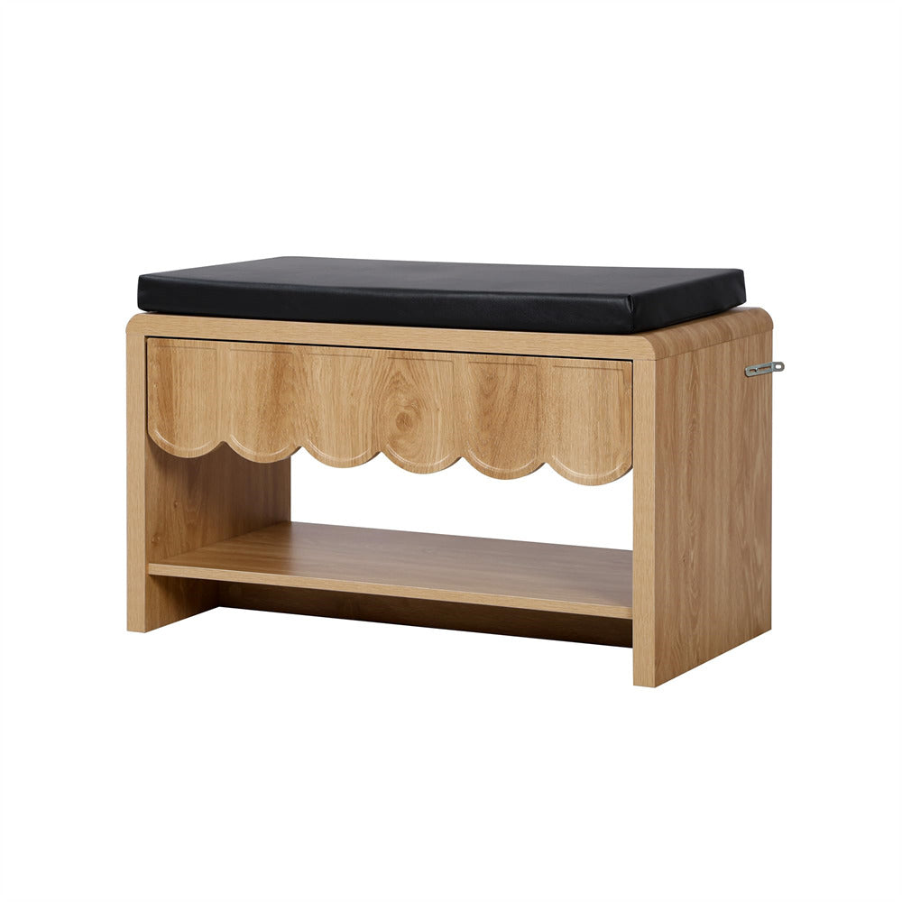 Wooden bench with black cushion on a white background