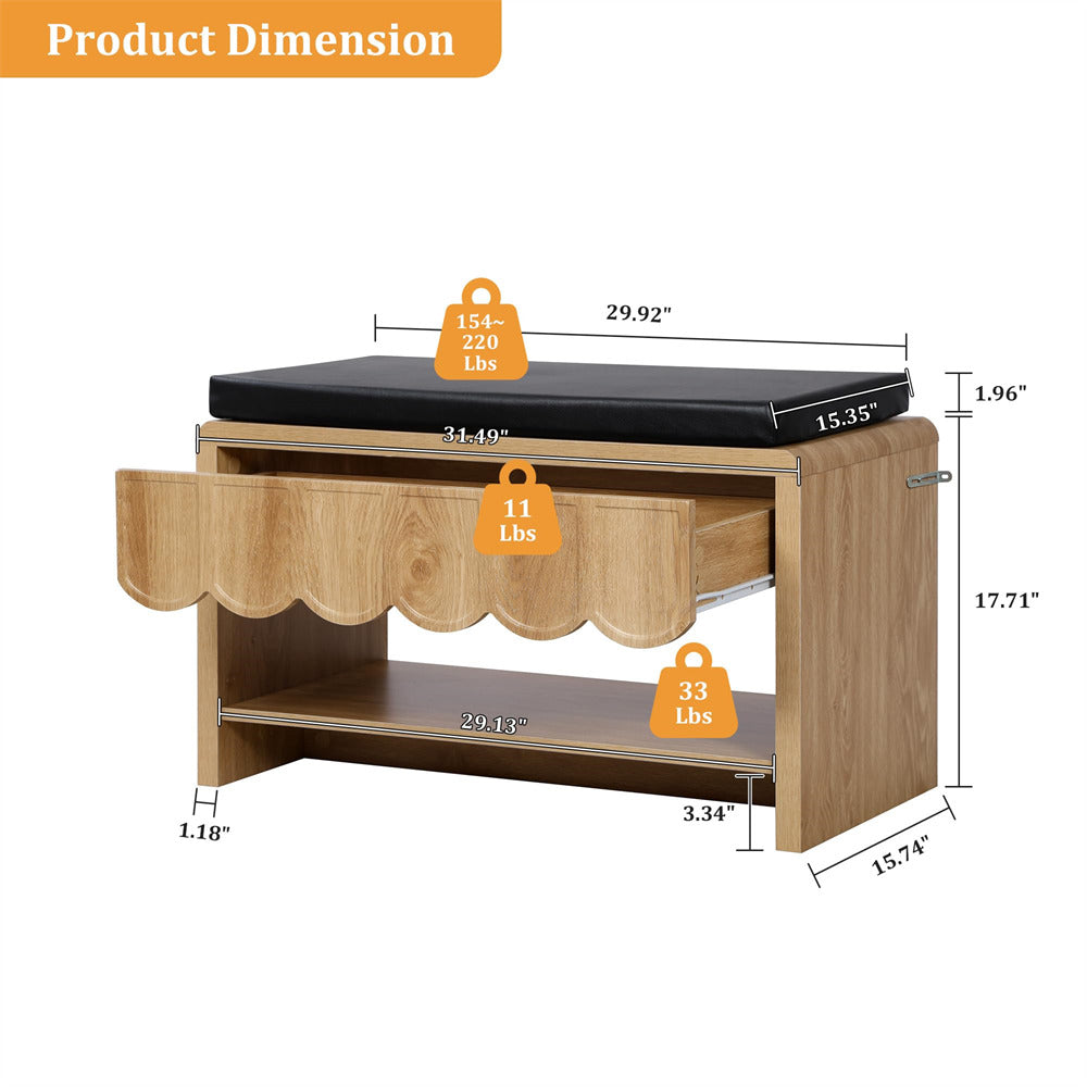 Wooden bench with dimensions and weight labels on a white background