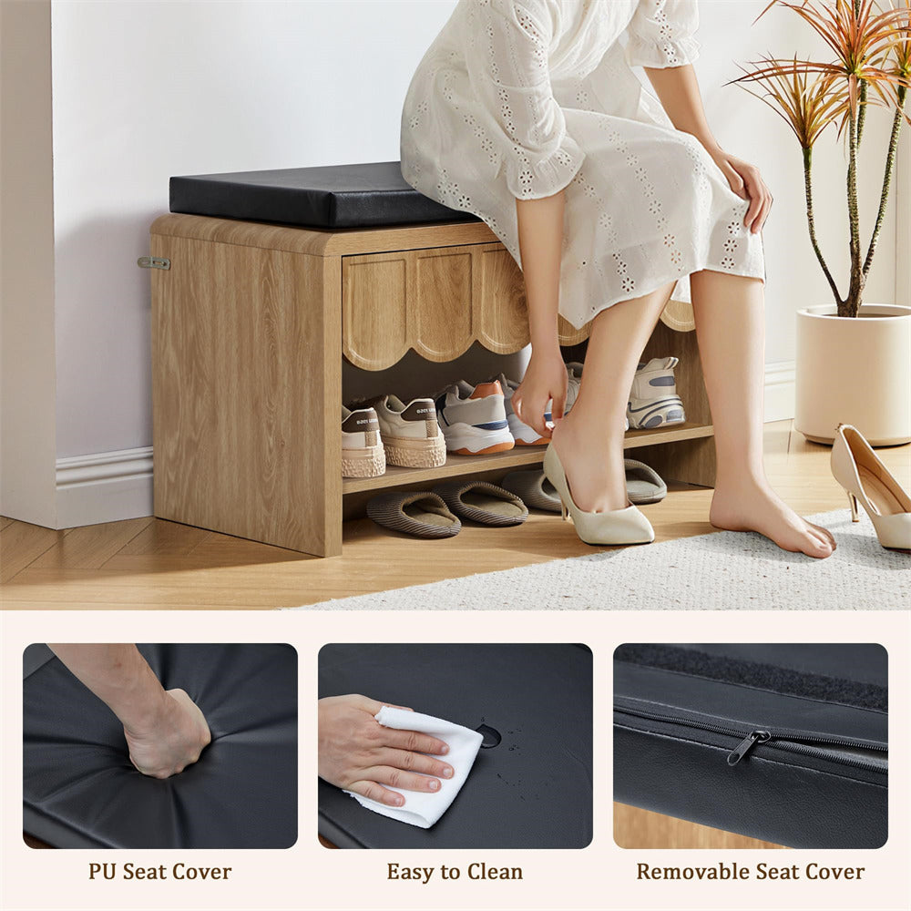 Wooden shoe storage bench with a person putting on shoes, showing features like PU seat cover, easy cleaning, and removable seat cover.