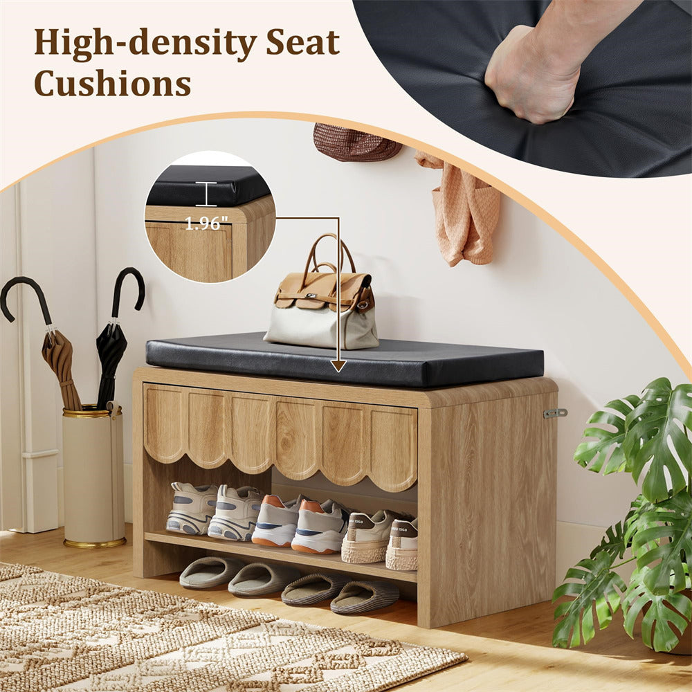Wooden shoe bench with high-density seat cushions, shoes, and bags on a light wooden floor.