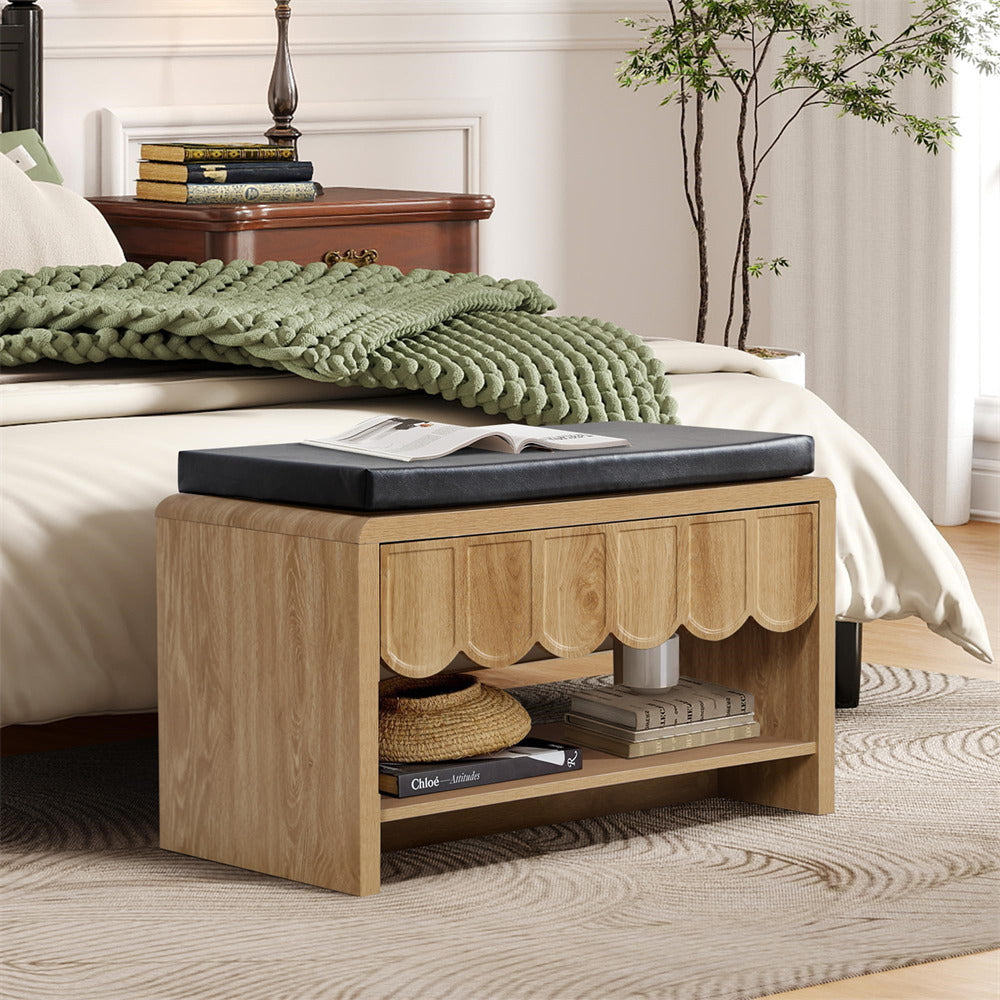 Wooden bench with storage under a bed in a bedroom setting
