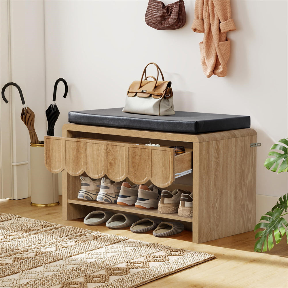 Wooden shoe storage bench with open compartments, shoes, and bags in a room setting.