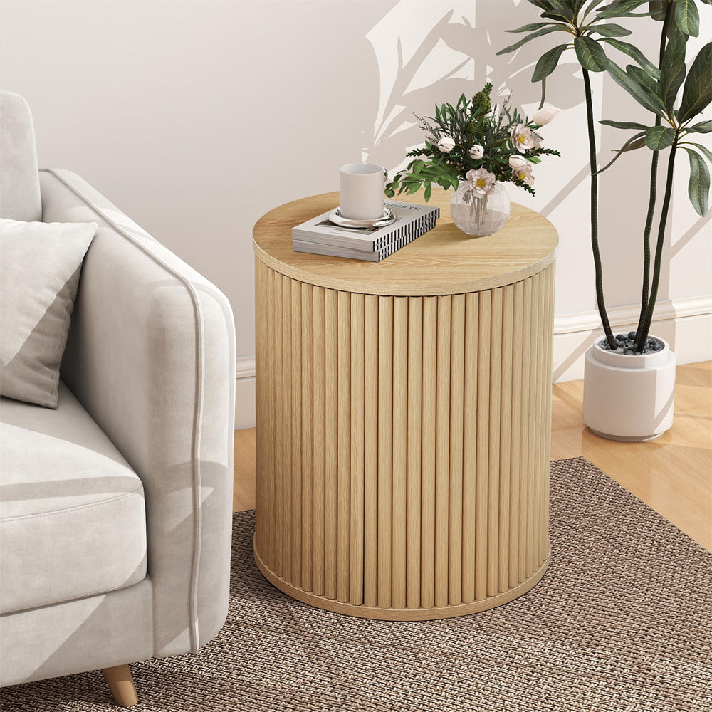 Natural Small Round Side Table Fluted Night Stand Set of 2