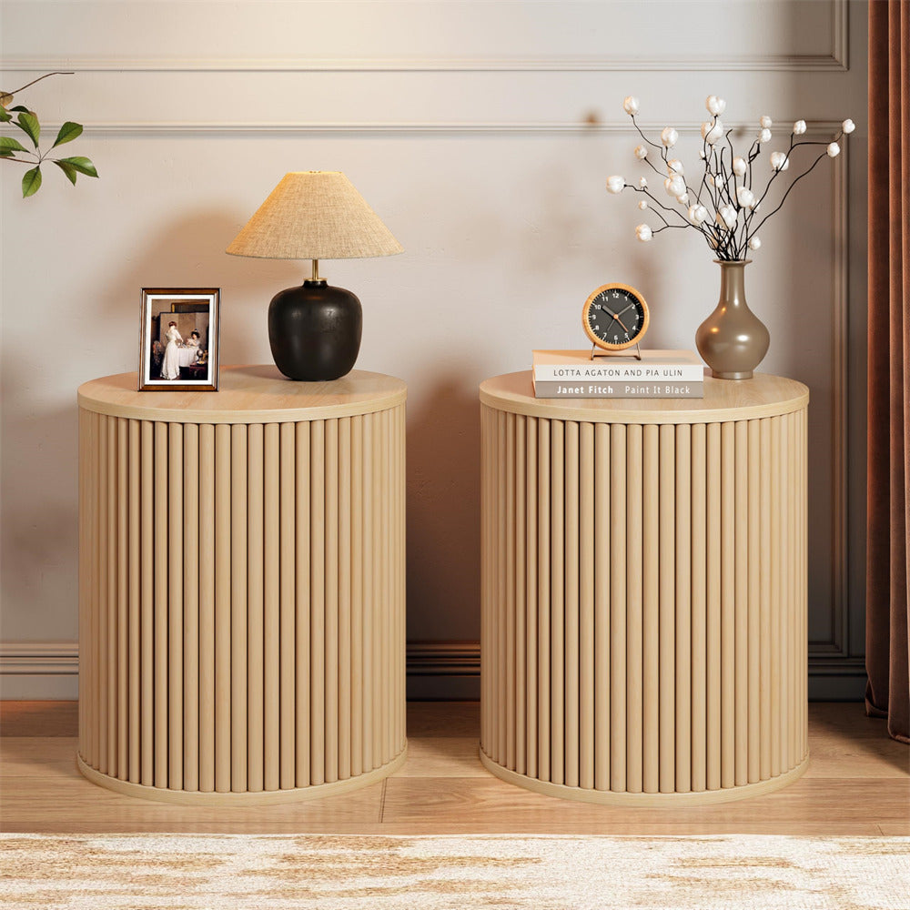 Natural Small Round Side Table Fluted Night Stand Set of 2