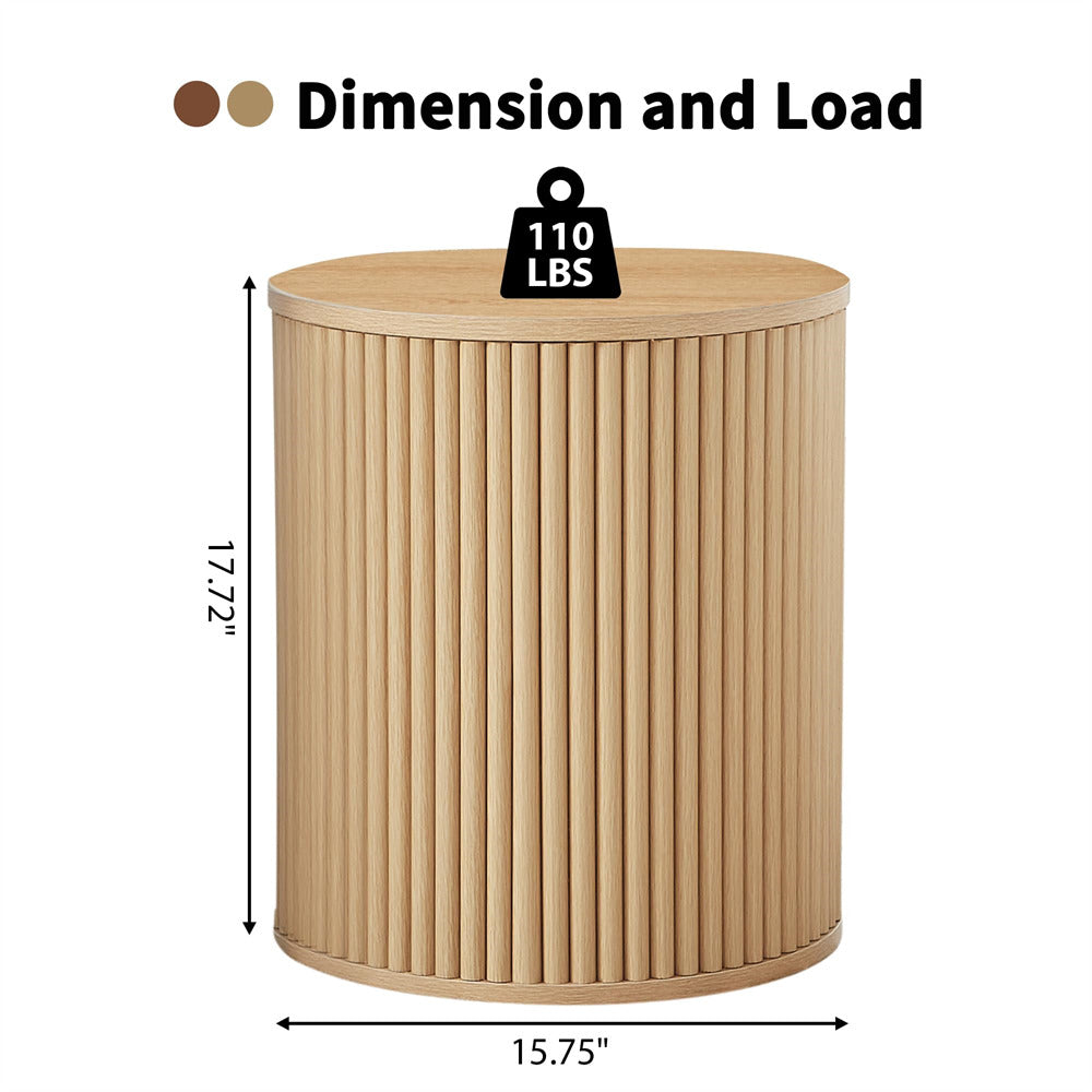 Natural Small Round Side Table Fluted Night Stand Set of 2