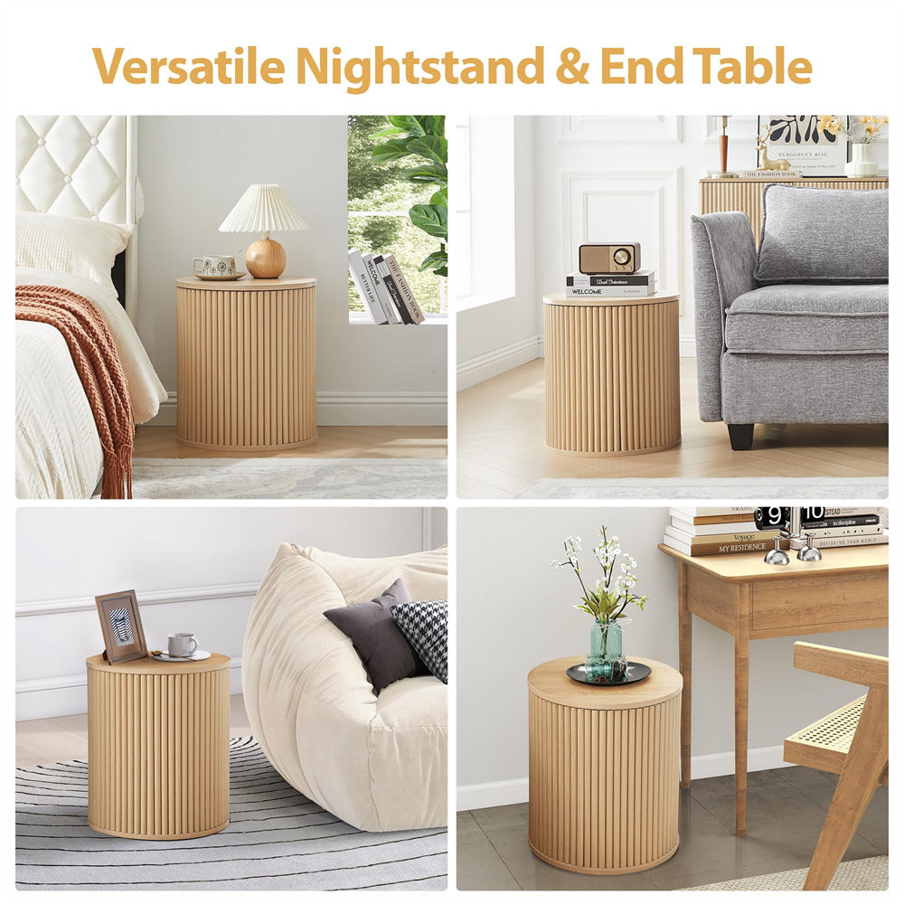 Natural Small Round Side Table Fluted Night Stand Set of 2