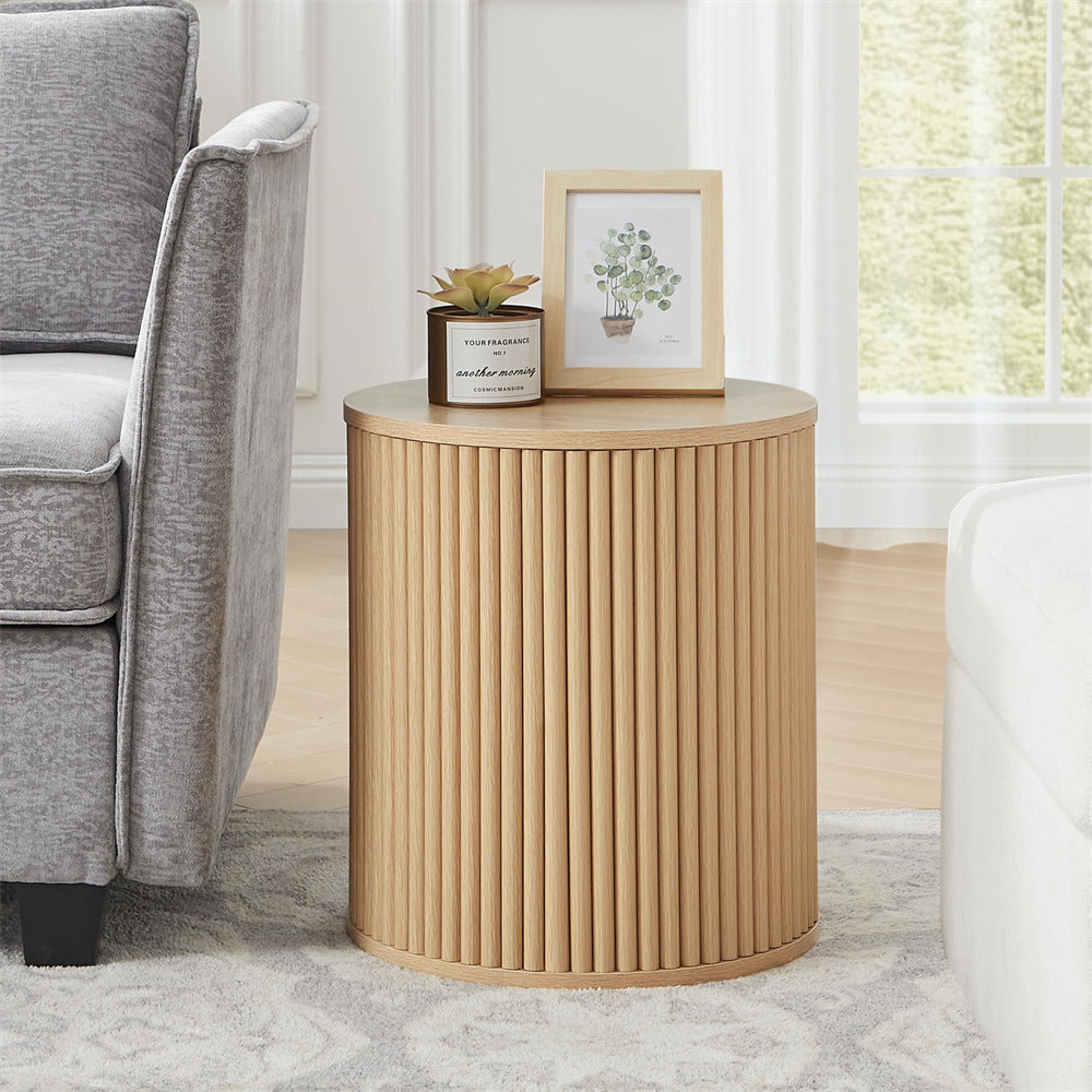 Natural Small Round Side Table Fluted Night Stand Set of 2