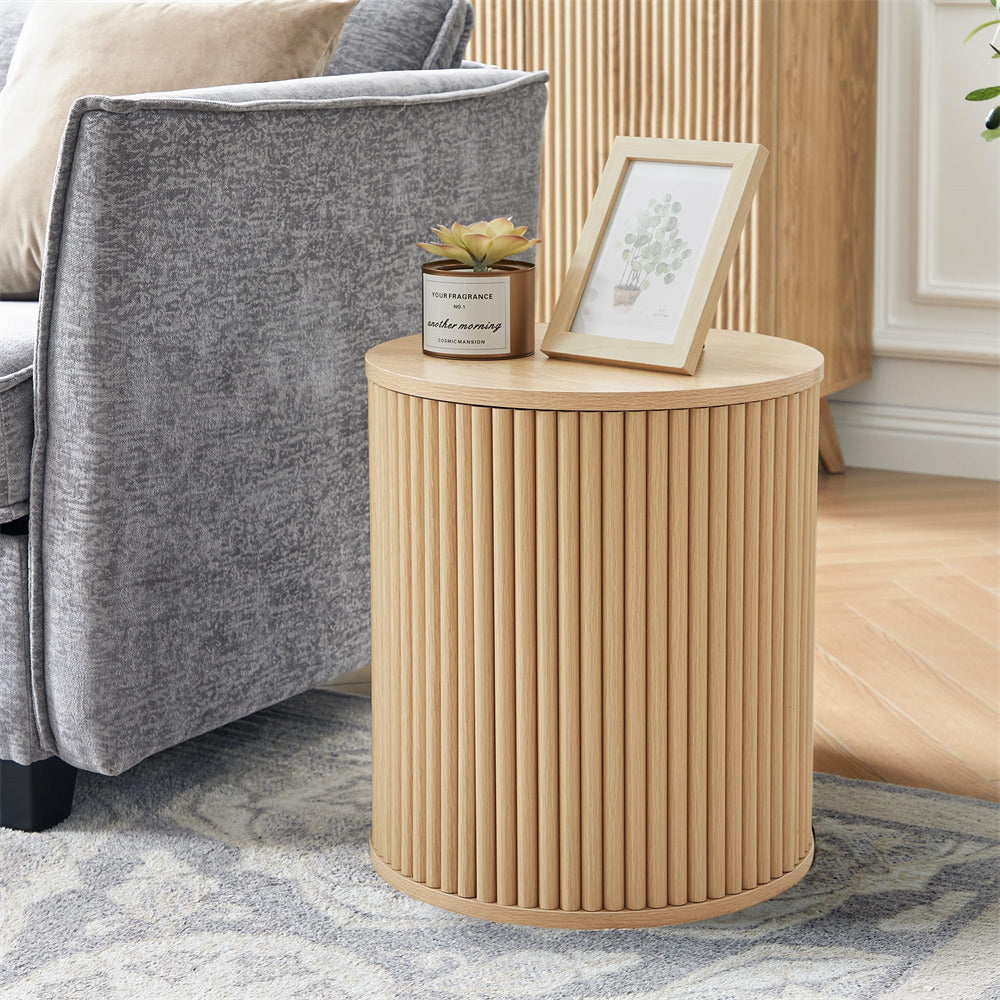 Natural Small Round Side Table Fluted Night Stand Set of 2