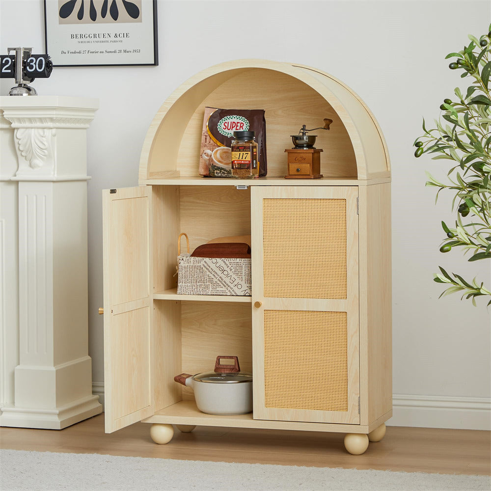 Natural Wood Arched Sideboard Storage Cabinet with 2 Rattan Doors and Adjustable Shelves
