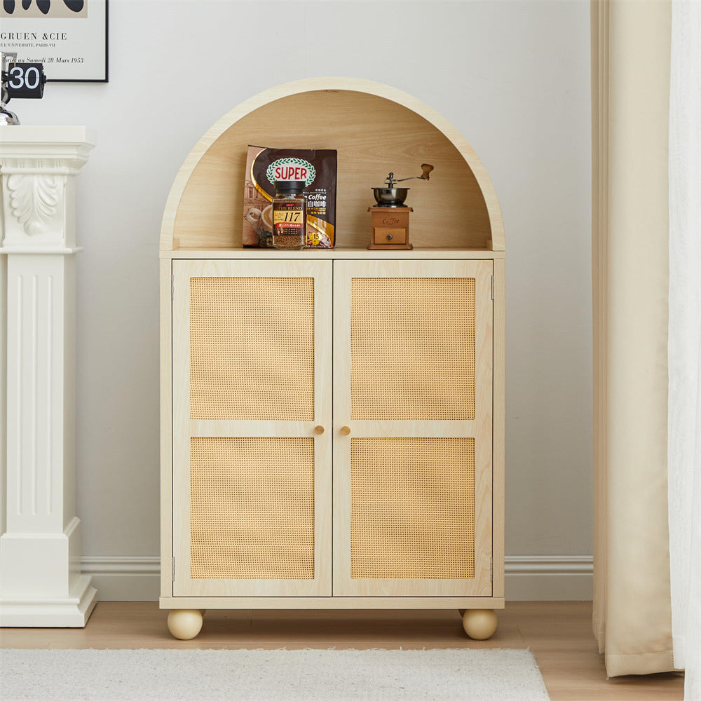 Natural Wood Arched Sideboard Storage Cabinet with 2 Rattan Doors and Adjustable Shelves