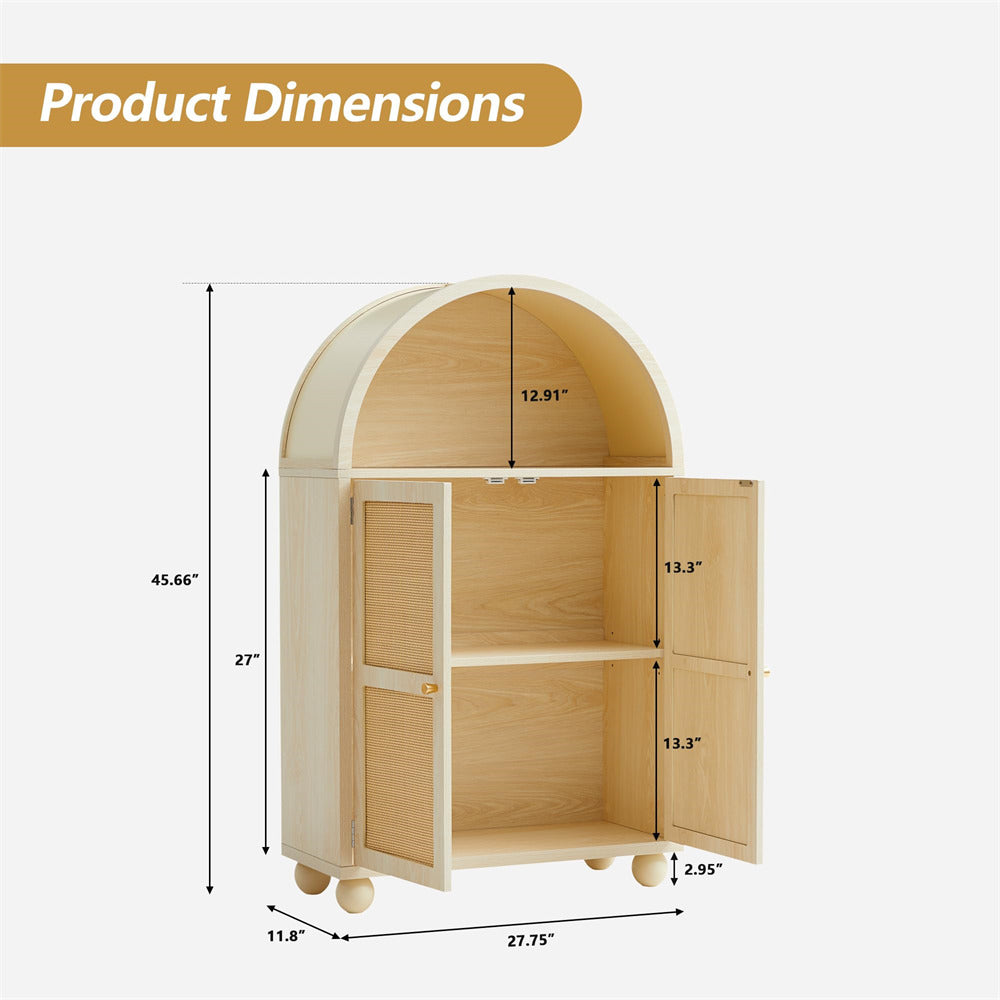 Natural Wood Arched Sideboard Storage Cabinet with 2 Rattan Doors and Adjustable Shelves