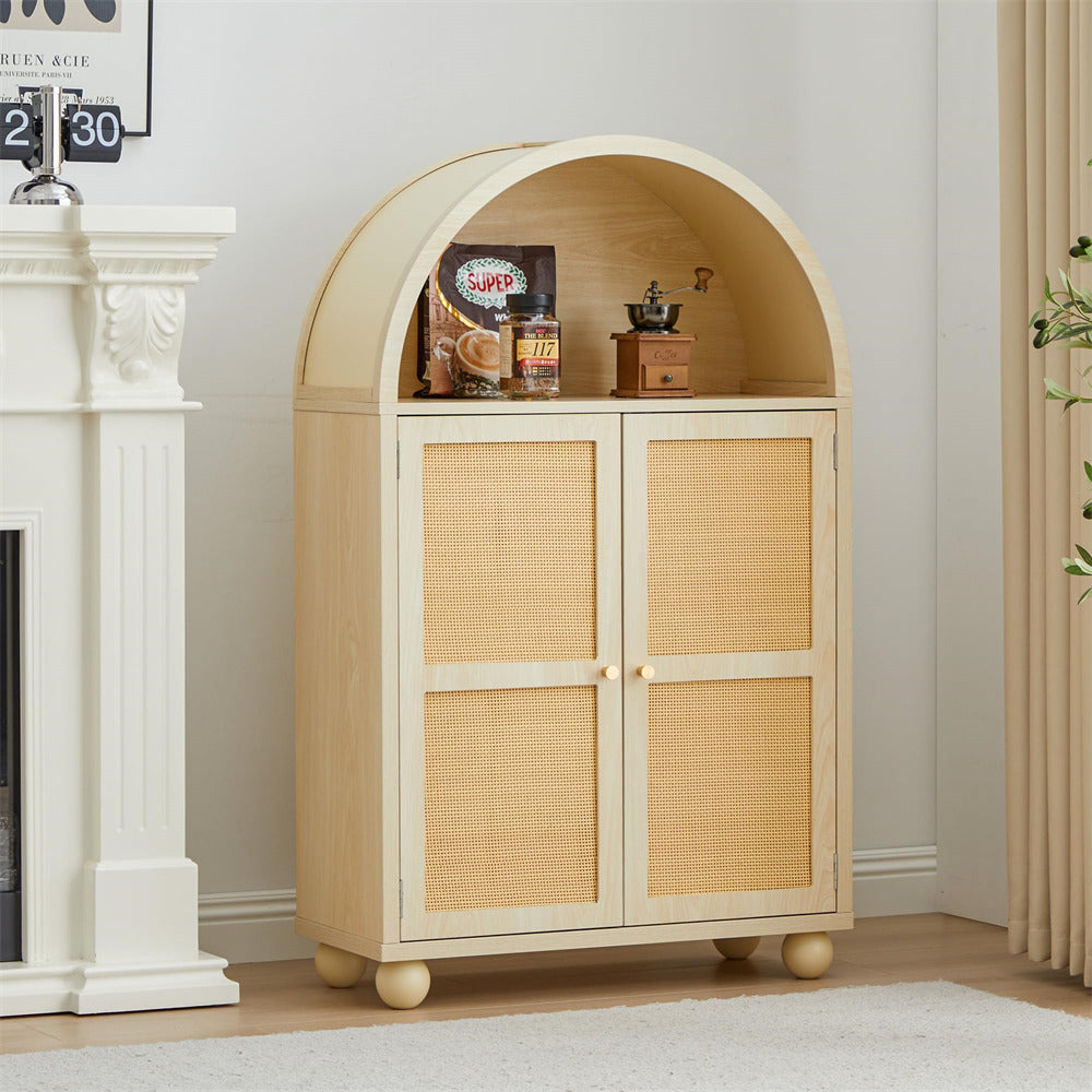 Natural Wood Arched Sideboard Storage Cabinet with 2 Rattan Doors and Adjustable Shelves