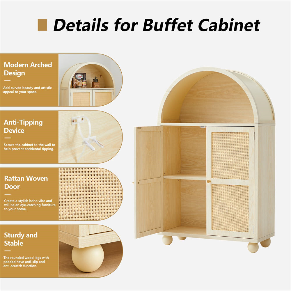 Natural Wood Arched Sideboard Storage Cabinet with 2 Rattan Doors and Adjustable Shelves