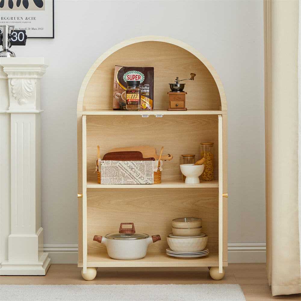 Natural Wood Arched Sideboard Storage Cabinet with 2 Rattan Doors and Adjustable Shelves