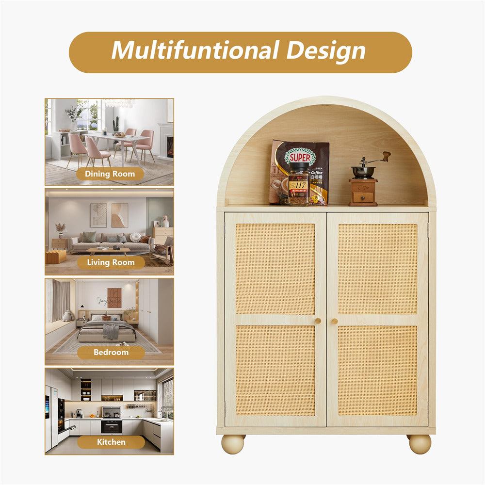 Natural Wood Arched Sideboard Storage Cabinet with 2 Rattan Doors and Adjustable Shelves