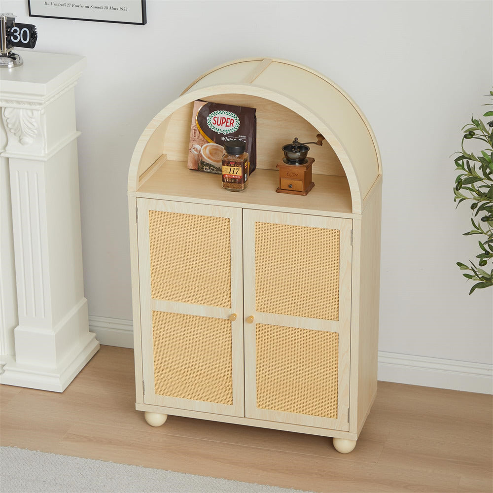 Natural Wood Arched Sideboard Storage Cabinet with 2 Rattan Doors and Adjustable Shelves