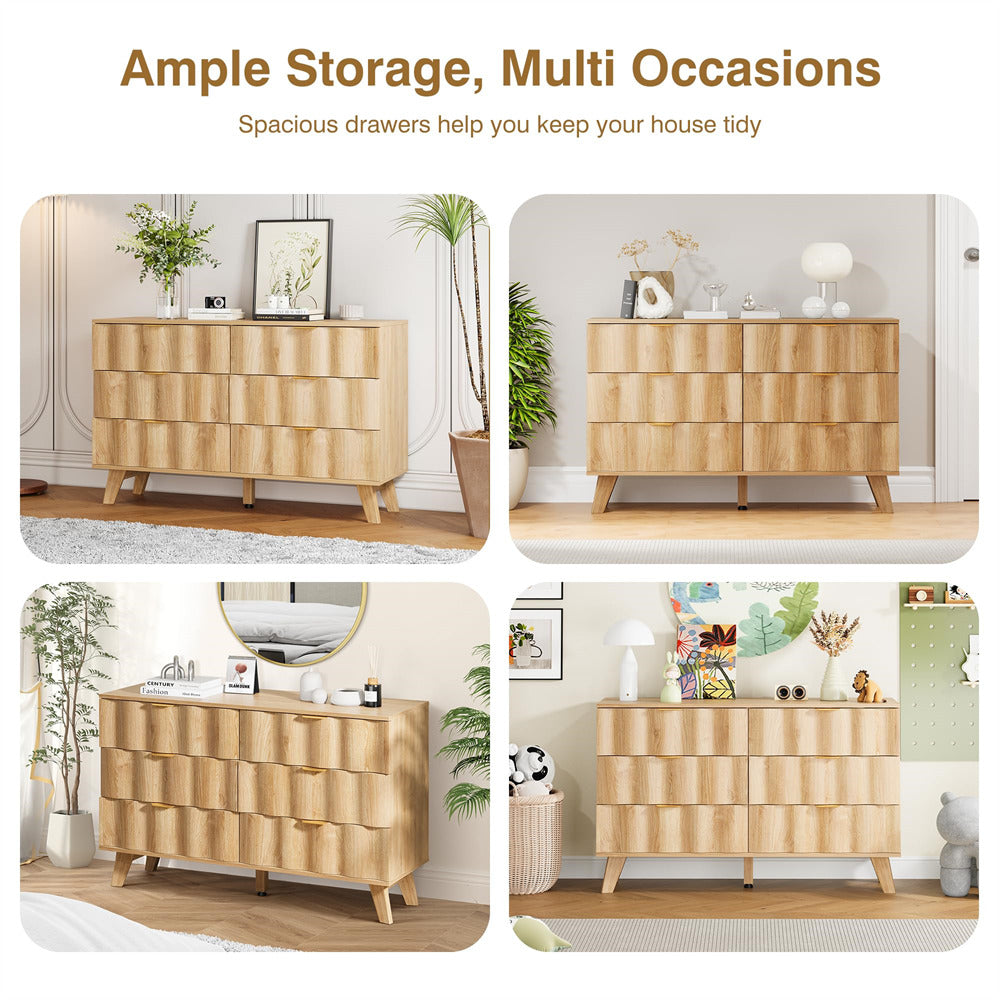 Natural Wood Fluted 6 Drawer Dresser Storage Accent Cabinet with Metal Handles