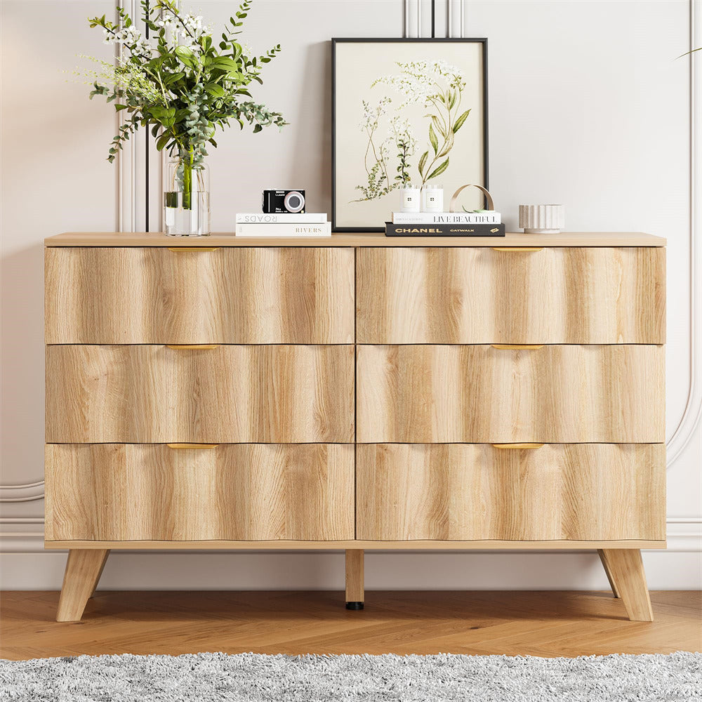 Natural Wood Fluted 6 Drawer Dresser Storage Accent Cabinet with Metal Handles