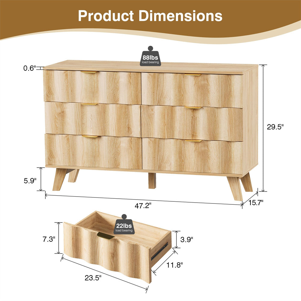 Natural Wood Fluted 6 Drawer Dresser Storage Accent Cabinet with Metal Handles