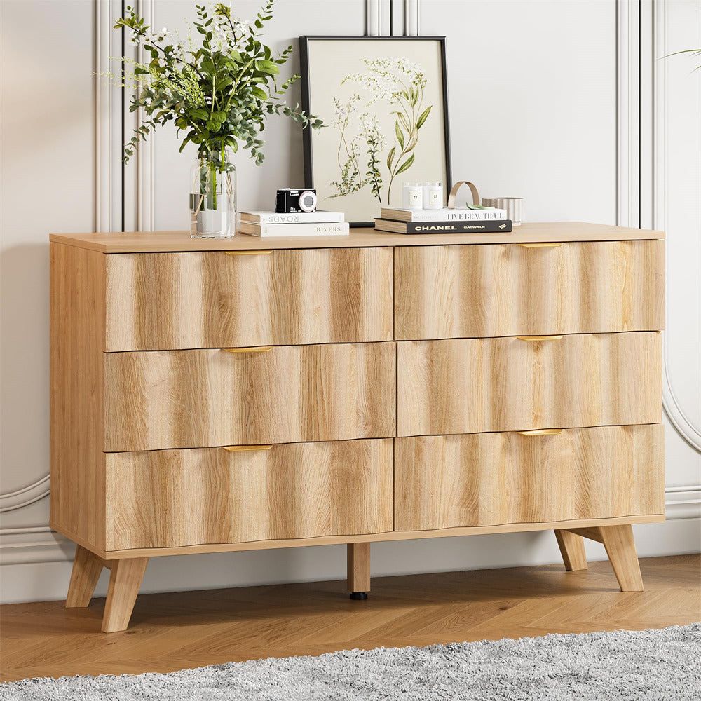 Natural Wood Fluted 6 Drawer Dresser Storage Accent Cabinet with Metal Handles