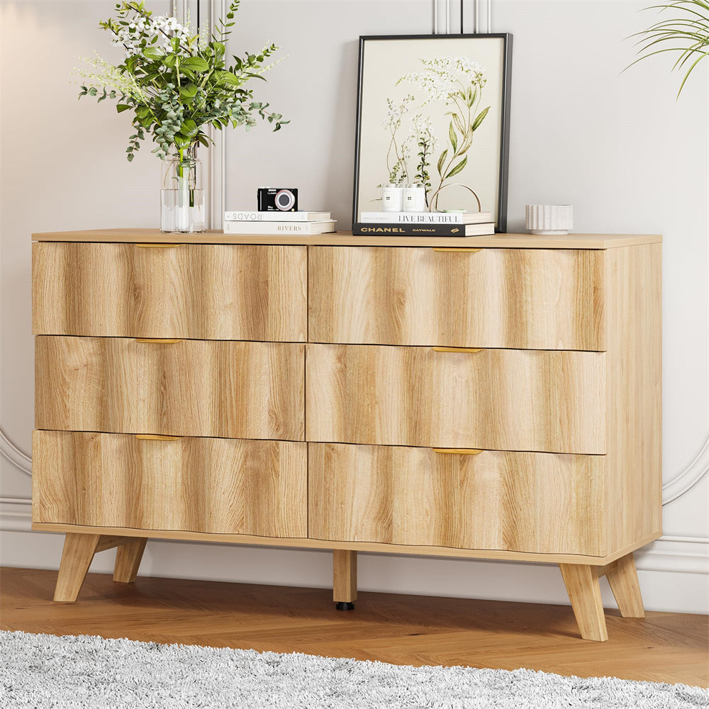 Natural Wood Fluted 6 Drawer Dresser Storage Accent Cabinet with Metal Handles