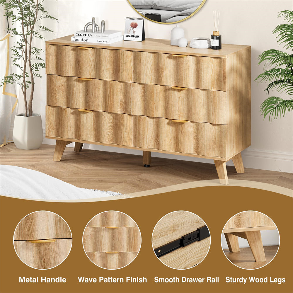 Natural Wood Fluted 6 Drawer Dresser Storage Accent Cabinet with Metal Handles
