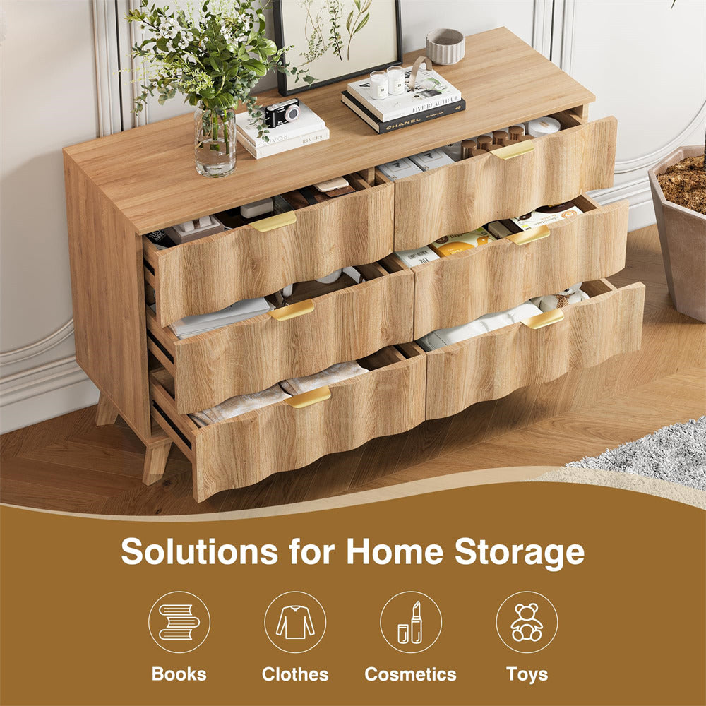 Natural Wood Fluted 6 Drawer Dresser Storage Accent Cabinet with Metal Handles