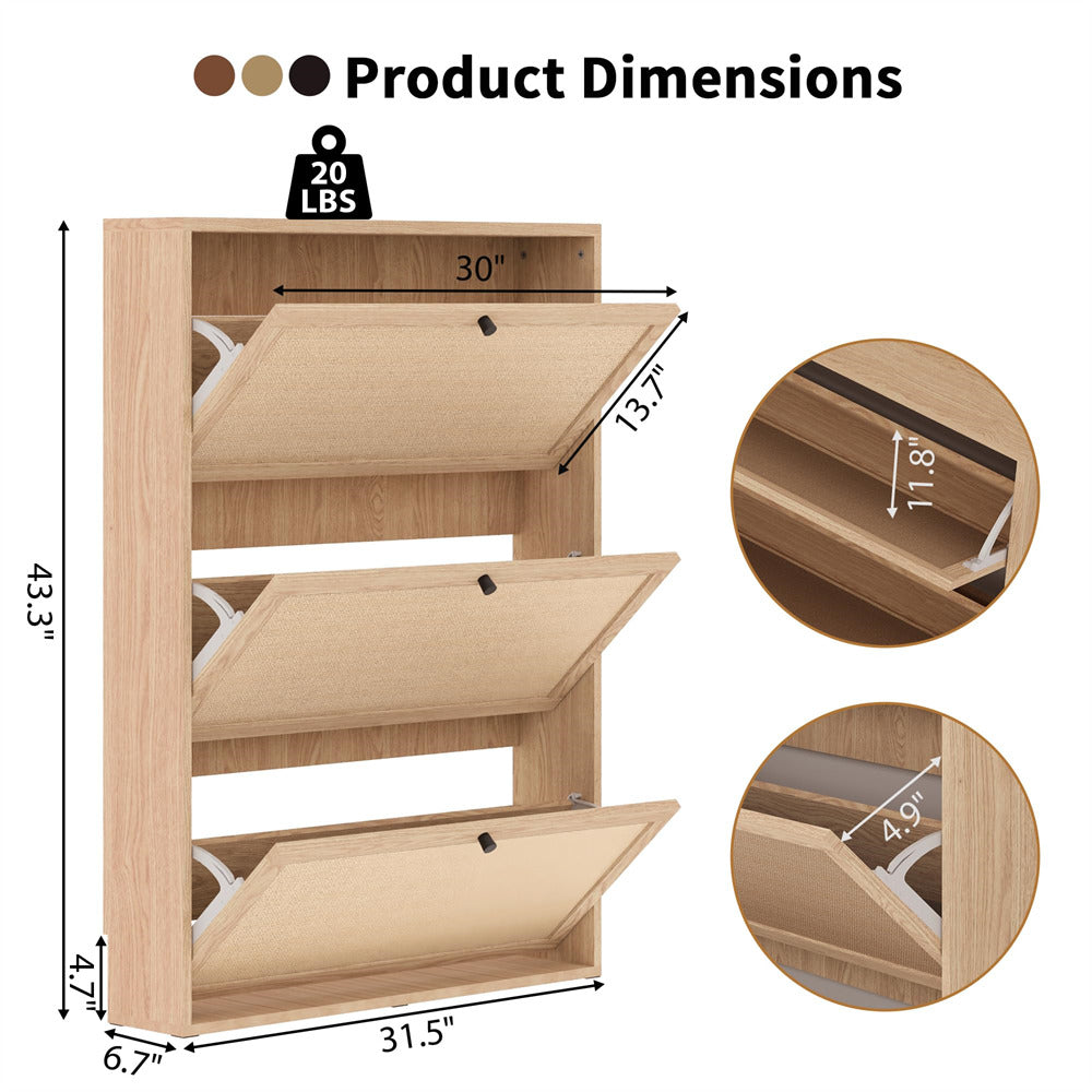 Wooden shoe rack with dimensions and weight capacity labeled