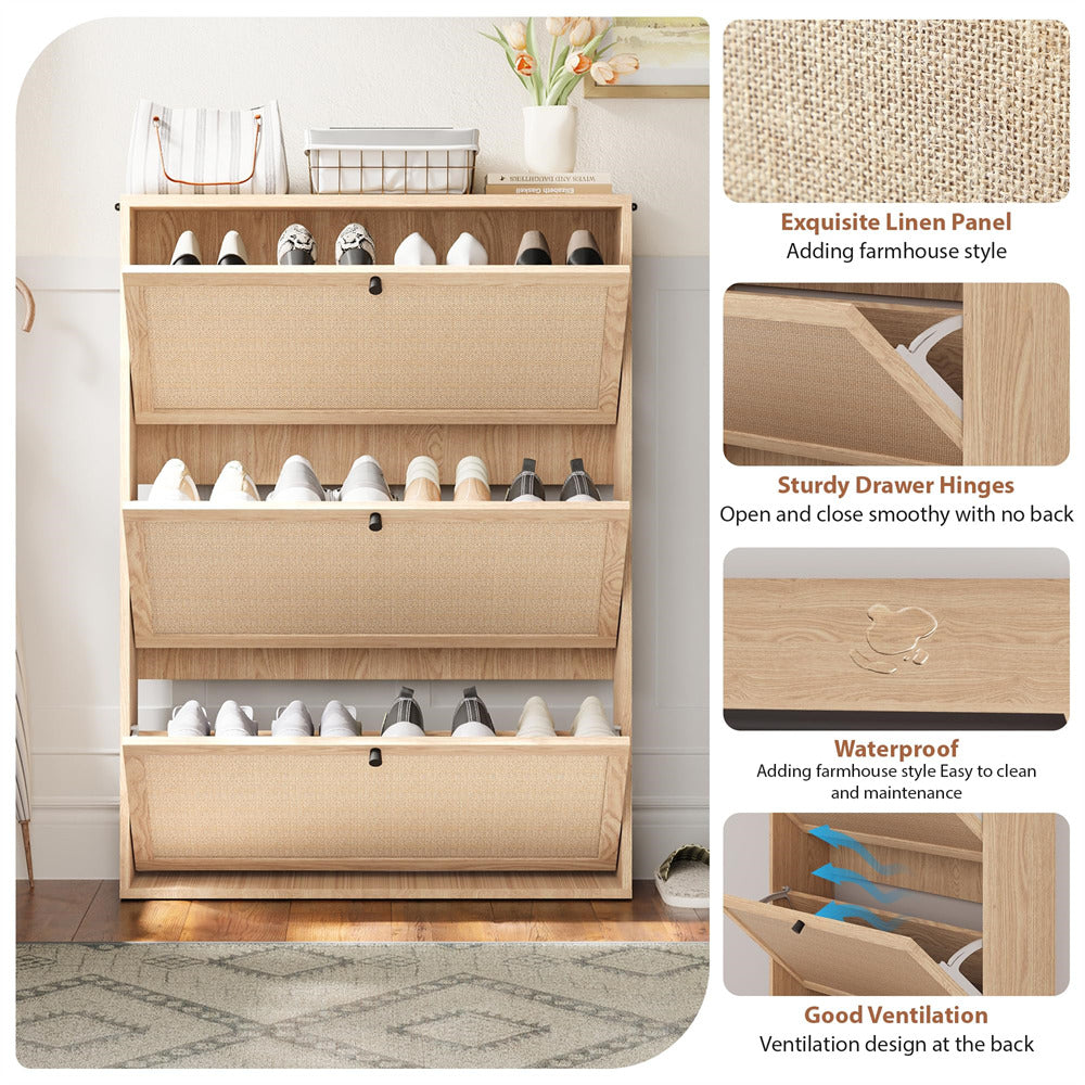 Wooden shoe rack with multiple drawers, showing features like linen panel, sturdy hinges, waterproof design, and good ventilation.