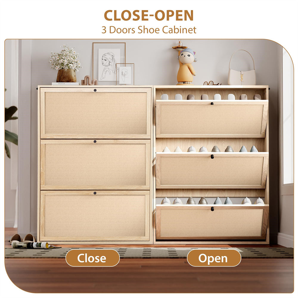 Beige shoe cabinet with three doors, showing both closed and open states, on a wooden floor.