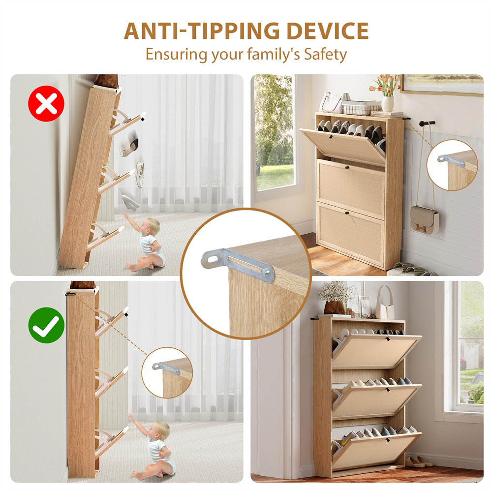 Collage of a shoe cabinet with anti-tipping device feature, showing safety benefits and usage.