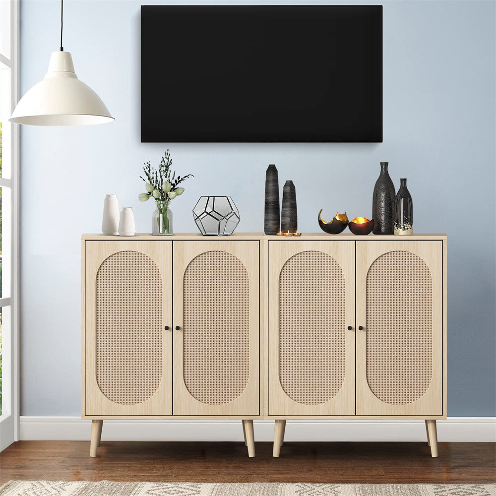 Natural Wooden Sideboard Buffet Cabinet with Rattan Doors 2 Sets
