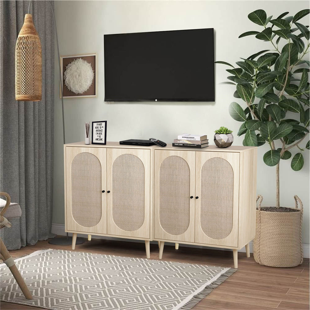 Natural Wooden Sideboard Buffet Cabinet with Rattan Doors 2 Sets