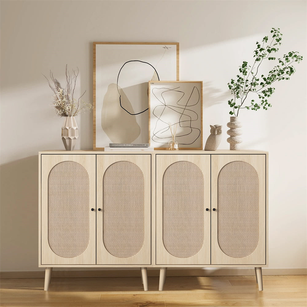 Natural Wooden Sideboard Buffet Cabinet with Rattan Doors 2 Sets