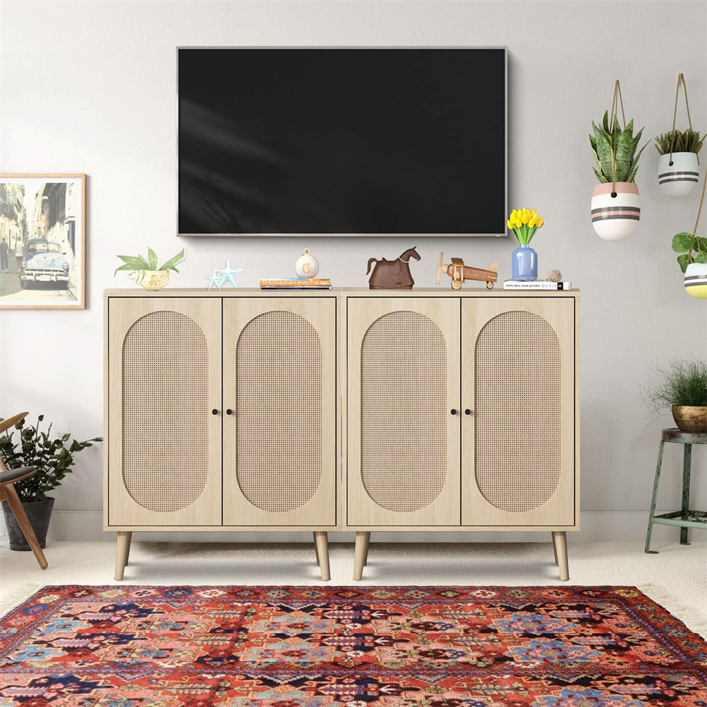Natural Wooden Sideboard Buffet Cabinet with Rattan Doors 2 Sets