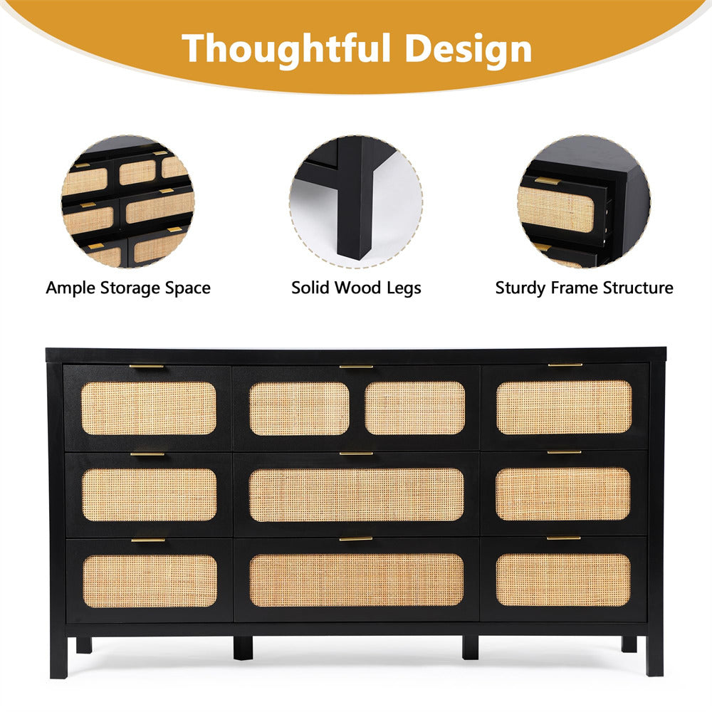 Rattan Dresser Large Long Wooden Storage Cabinet Black with 9 Drawers