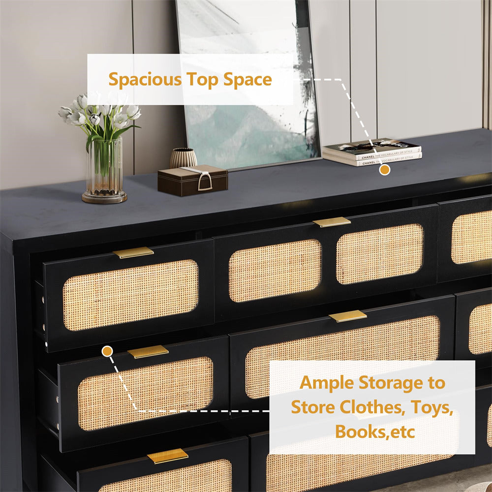 Rattan Dresser Large Long Wooden Storage Cabinet Black with 9 Drawers