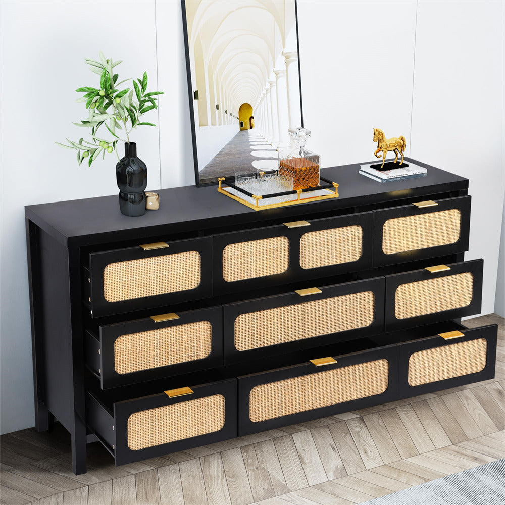 Rattan Dresser Large Long Wooden Storage Cabinet Black with 9 Drawers