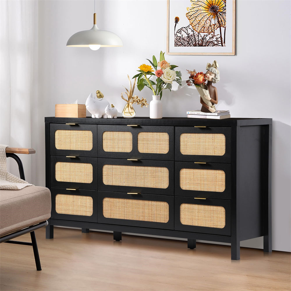 Rattan Dresser Large Long Wooden Storage Cabinet Black with 9 Drawers