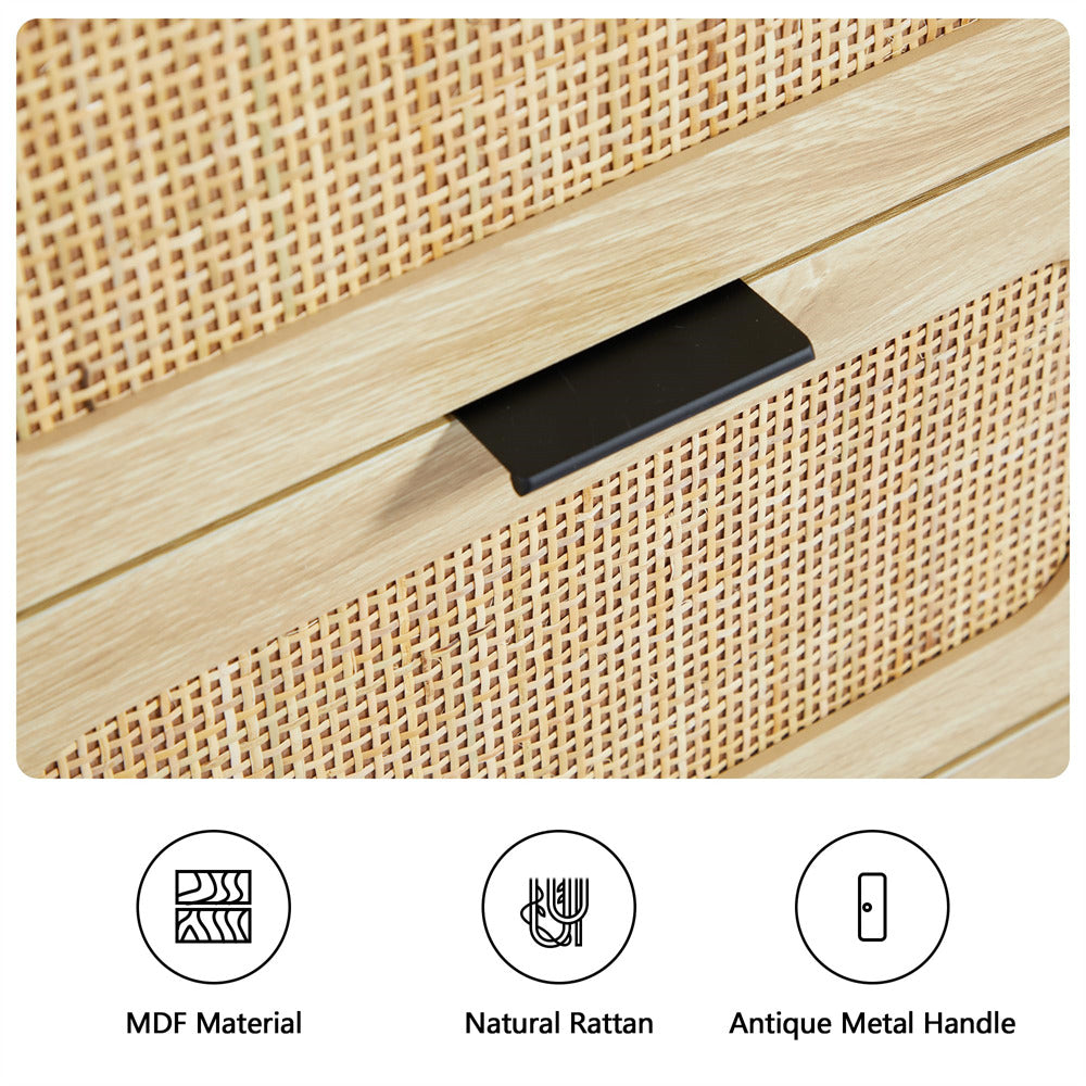 Rattan Dresser Large Long Wooden Storage Cabinet Natural with 9 Drawers