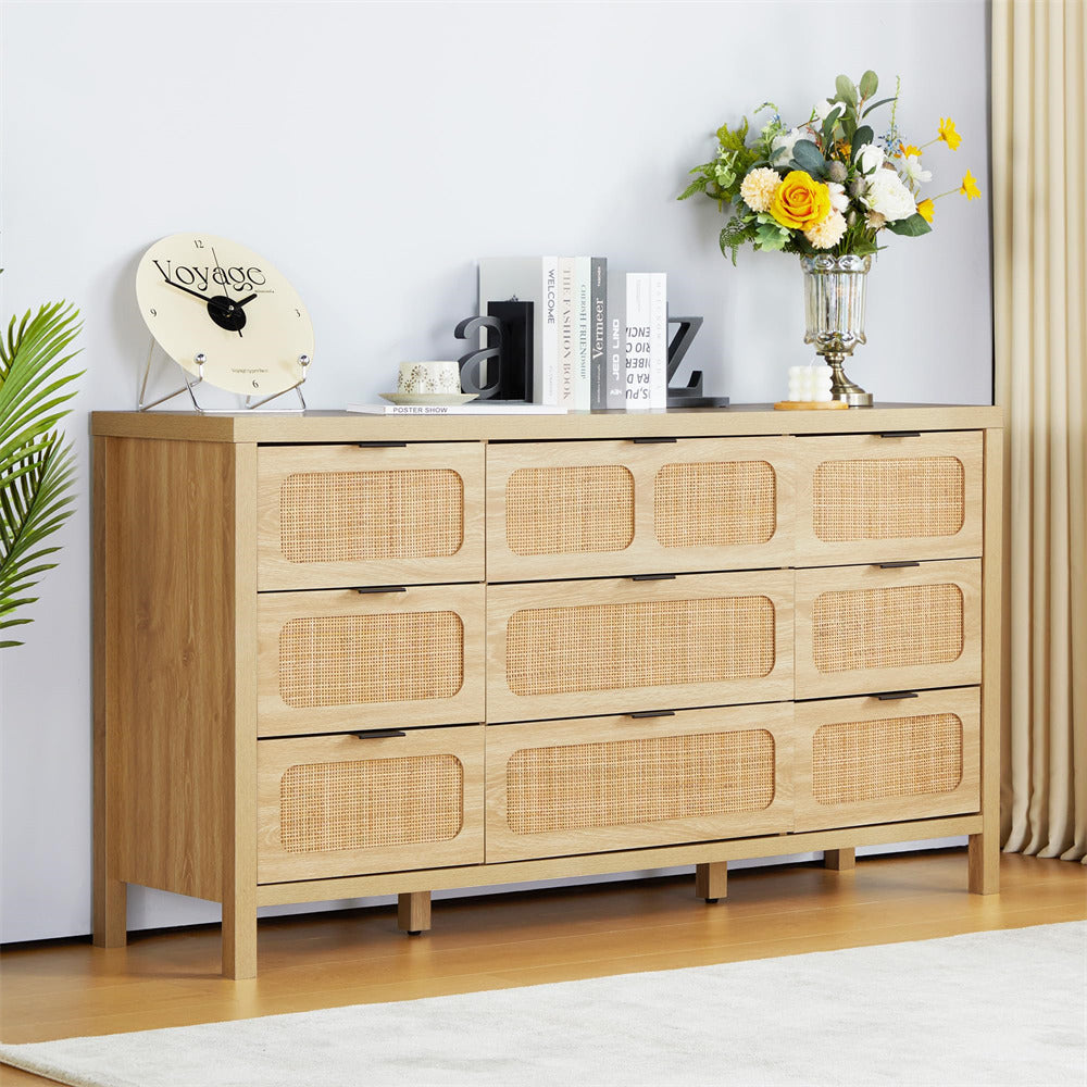 Rattan Dresser Large Long Wooden Storage Cabinet Natural with 9 Drawers