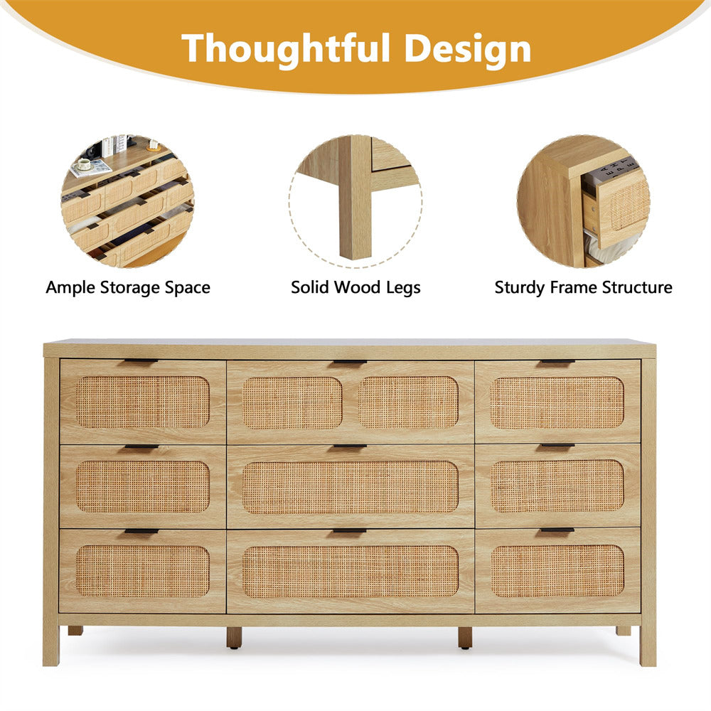 Rattan Dresser Large Long Wooden Storage Cabinet Natural with 9 Drawers