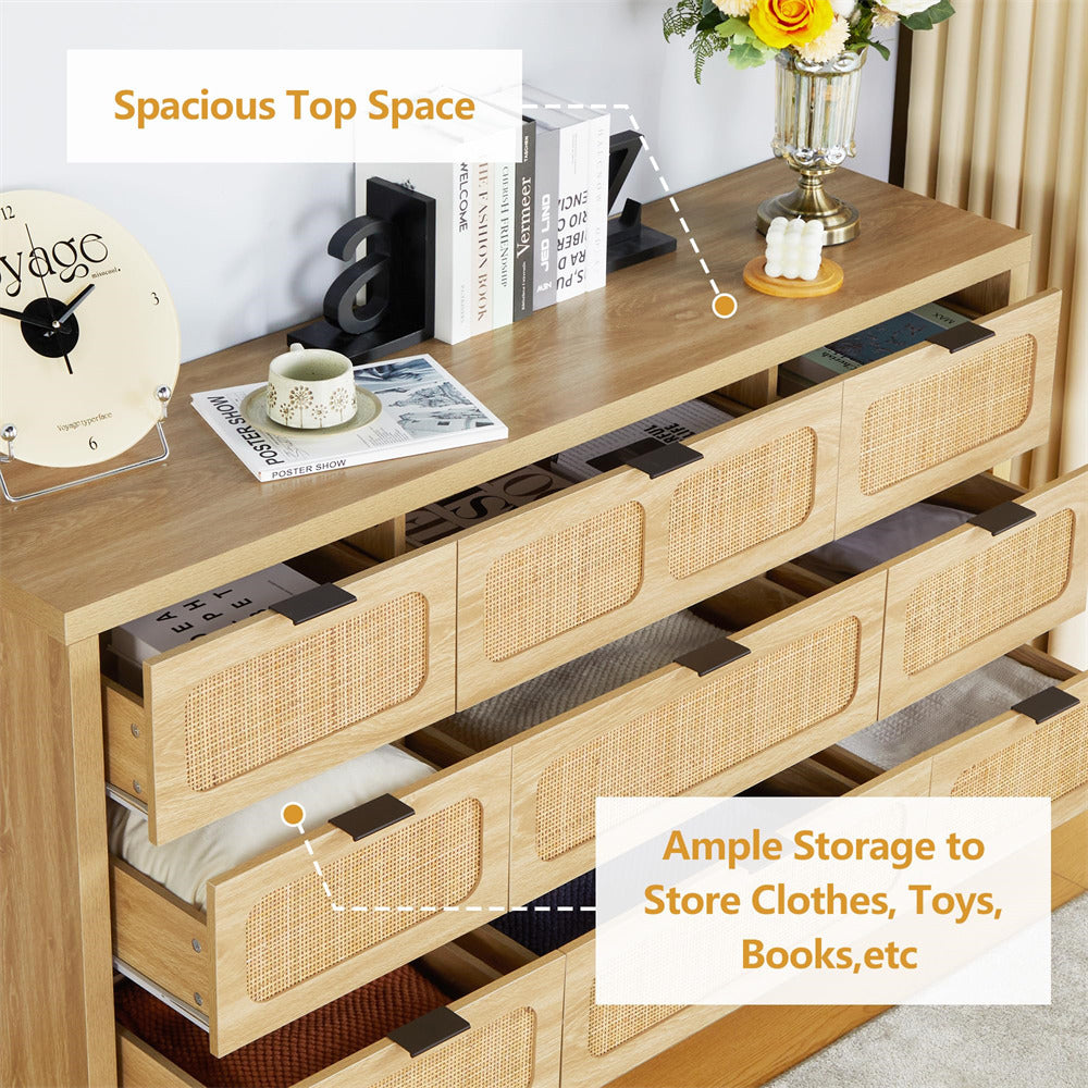 Rattan Dresser Large Long Wooden Storage Cabinet Natural with 9 Drawers