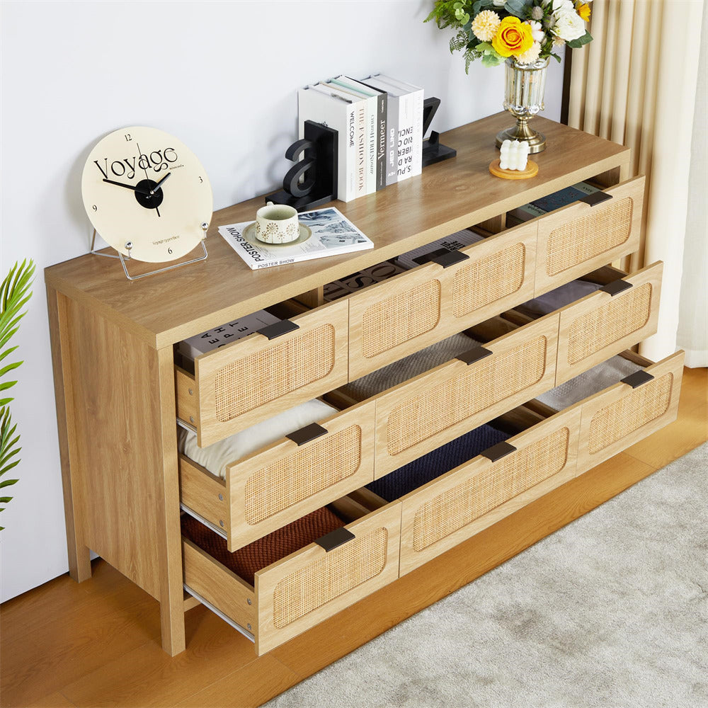 Rattan Dresser Large Long Wooden Storage Cabinet Natural with 9 Drawers