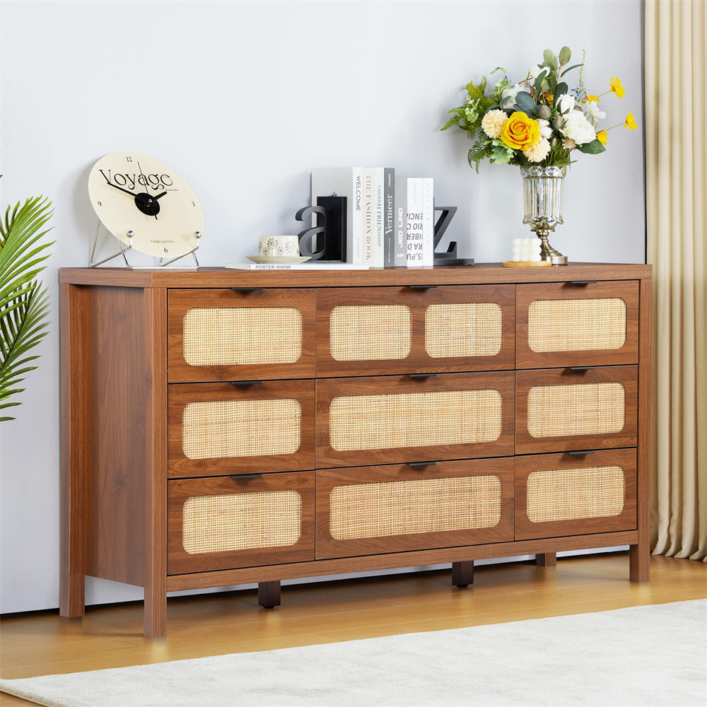 Rattan Dresser Large Long Wooden Storage Cabinet Walnut with 9 Drawers