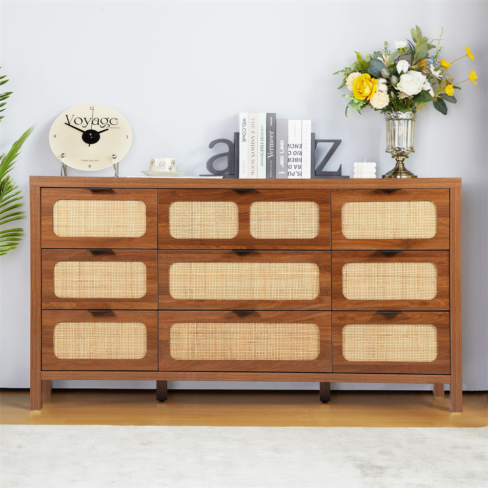 Rattan Dresser Large Long Wooden Storage Cabinet Walnut with 9 Drawers