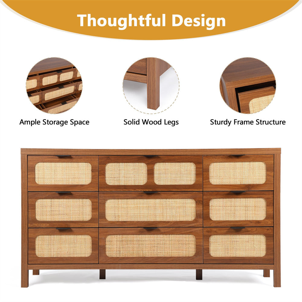 Rattan Dresser Large Long Wooden Storage Cabinet Walnut with 9 Drawers