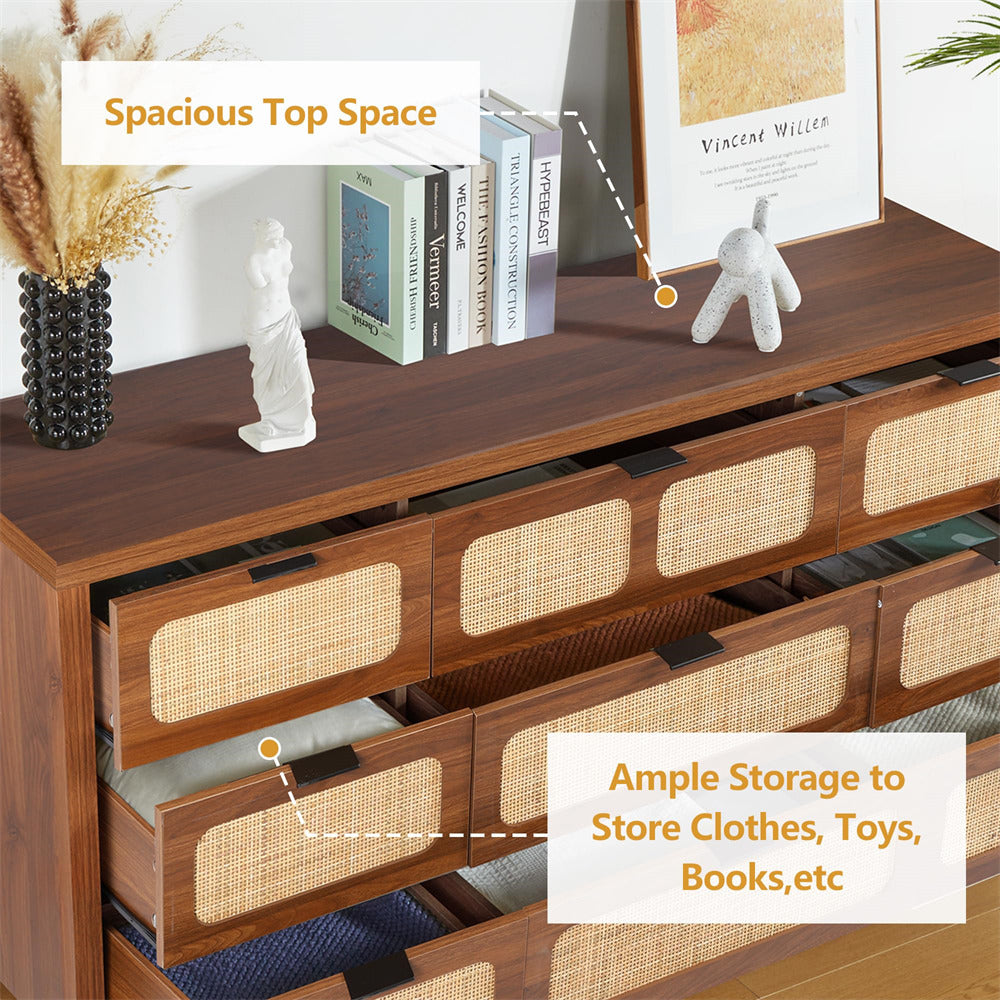 Rattan Dresser Large Long Wooden Storage Cabinet Walnut with 9 Drawers